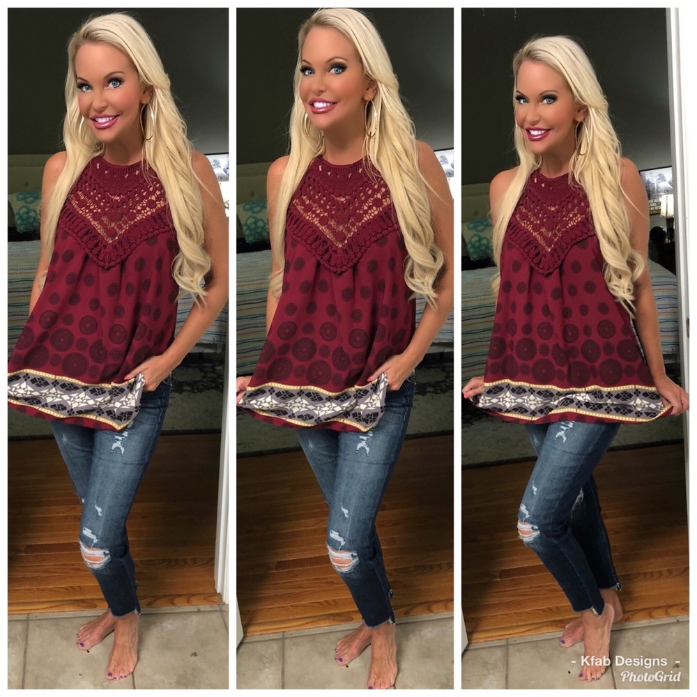 ๐Wine Crochet/Lace Detail Halter Style Tunic! - Picture 5 of 8